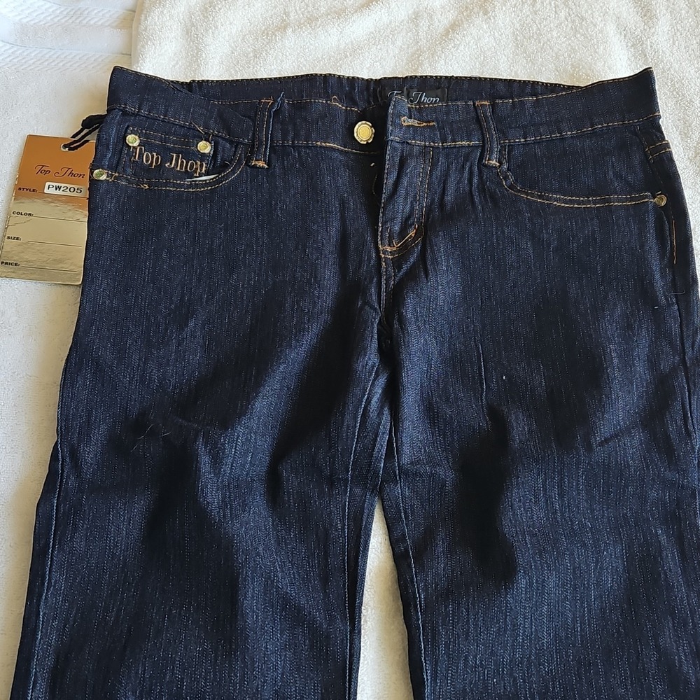 Top Jhon Dark Blue Denim Straight Jeans woman 5-Pocket Button Embroidered - Picture 3 of 12